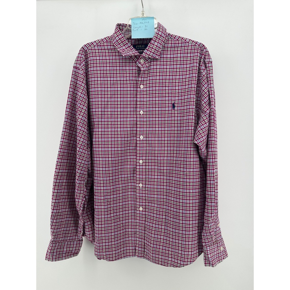 Polo Ralph Lauren Mens XXL Slim Fit Plaid Button Down Shirt Magenta Multi Color